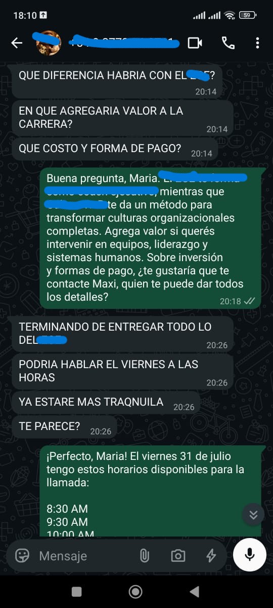 Conversación real del agente de SELLIA manejando una objeción de precio y ofreciendo horarios de llamada